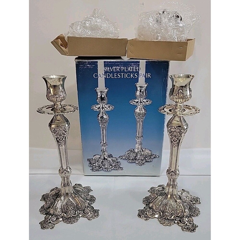 2 Vintage Godinger BAROQUE Style Ornate Silver-Plated 11.5" Candlesticks Holders